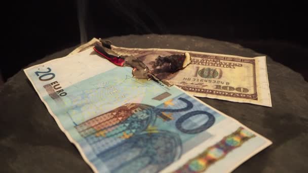 Hundred and twenty euros burn in fire — Stock Video