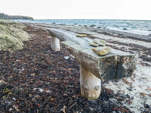 Nature conservation area (Tabasalu Nature Park, Baltic sea). old wooden bench with sea stones. Beach meadows, stones with sea salt adherence and reeds under a partly cloudy sky