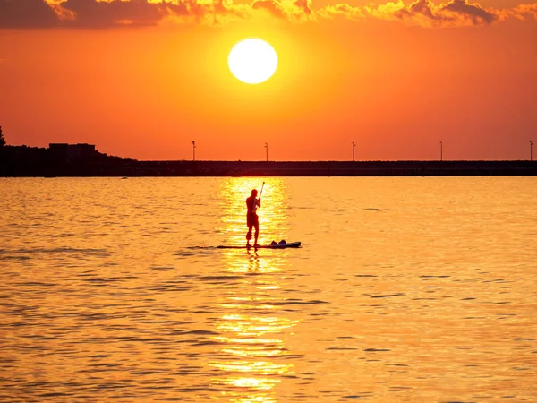 Remando al atardecer. SUP — Foto de Stock