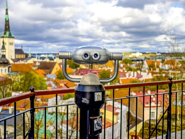 The observation deck of Tallinn. Selective focus on binoculars. Stock Picture