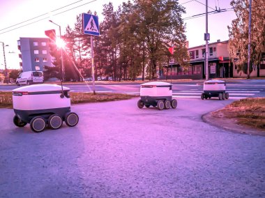 Sokaktaki bazı teslimat robotları. Tallinn City 'deki Estonyalı siber kuryeler. Güneşli yaz günü. 