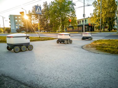 Sokaktaki bazı teslimat robotları. Tallinn City 'deki Estonyalı siber kuryeler. Güneşli yaz günü. 