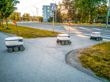 Sokaktaki bazı teslimat robotları. Tallinn City 'deki Estonyalı siber kuryeler. Güneşli bir yaz günü. Uzayı kopyala Üzerine monte edilmiş görüntü. Yeni teknoloji kavramı.