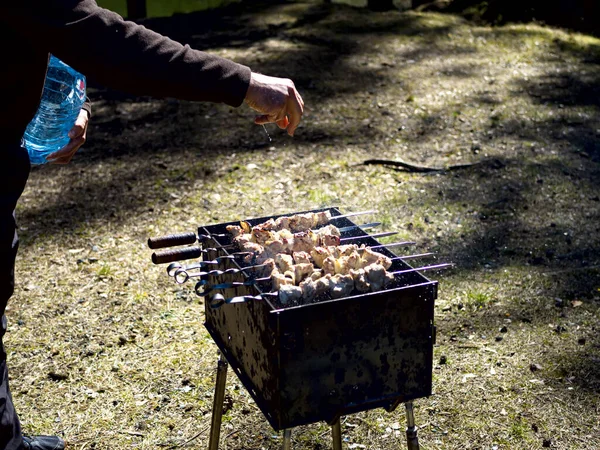 Červené Žhavé Uhlí Připravuje Grilování Gril Bbq Les Pozadí Čekáme — Stock fotografie