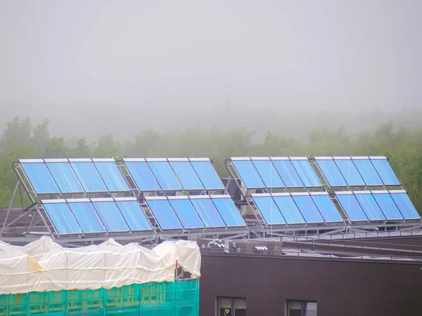 solar panel installed on the house roof. House roof with solar panel in Korea