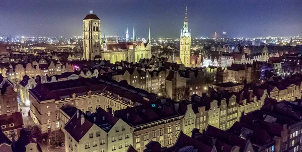 Oude Binnenstad Van Gdansk Door Nacht Aertial Weergave — Stockfoto