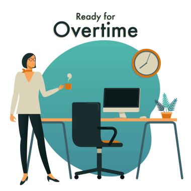 Bir fincan kahve tutan güzel kadın. Modern ofis iç. Fazla mesai için iş kavramı.