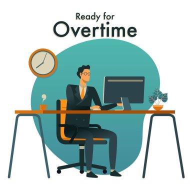 Yakışıklı adam onun masaüstü bilgisayar çalışıyor. Modern ofis iç. Fazla mesai için iş kavramı. 