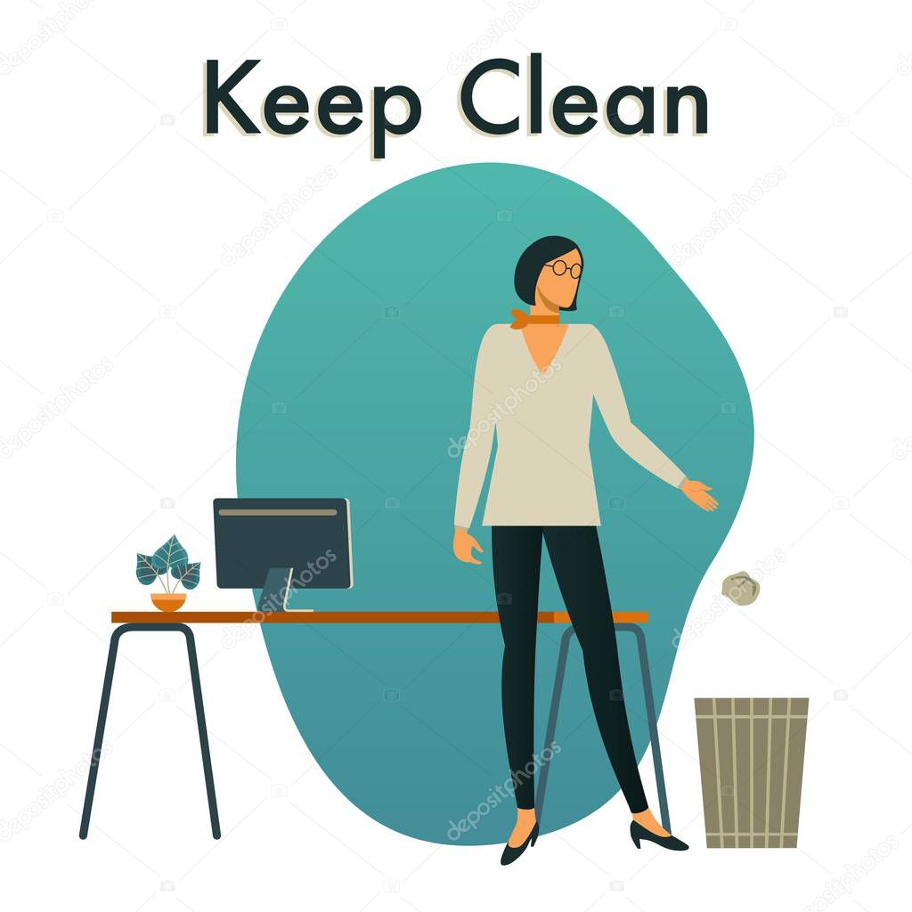 Keep Our Workplace Clean. Illustration of businesswoman putting trash in its place.