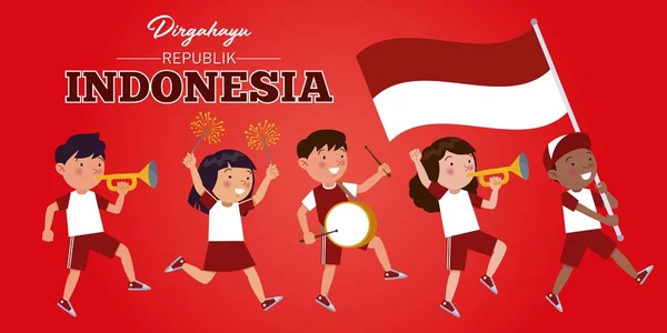 Endonezya Çocuklar Çeşitli Kabilelerin Anısına Endonezya Bağımsızlık Günü Kutluyor Parading — Stok Vektör