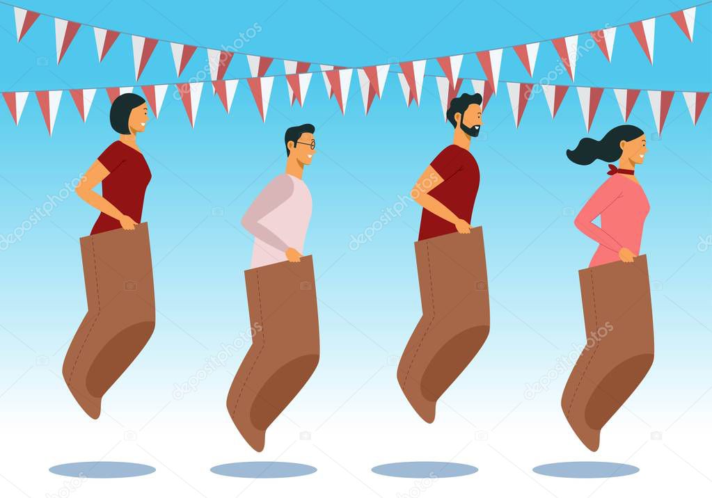 Indonesia traditional special games during independence day, teenagers racing inside sack. Flat Illustration style.