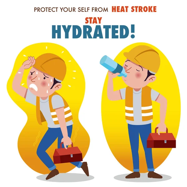 防止中暑 保持水分 建筑工人过热和瓶装水的例证 — 图库矢量图片