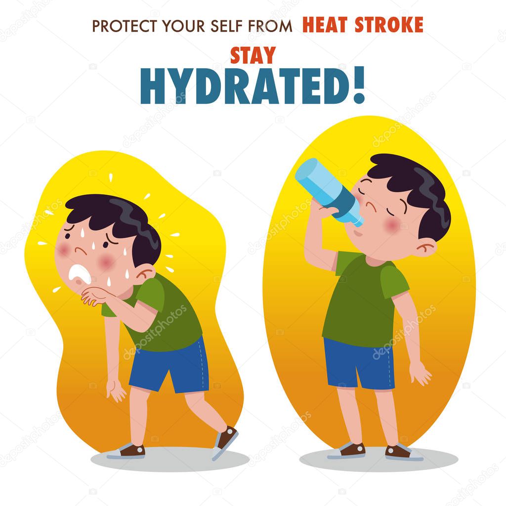 Protect yourself from heat stroke, Stay hydrated. Illustration of a little boy overheating and drinking water from a bottle.