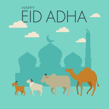 Happy Eid Adha. Celebration of Muslim holiday the sacrifice a camel, sheep, cow and goat. clipart