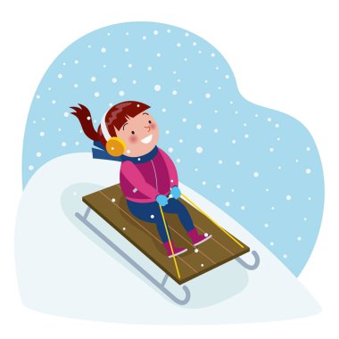 Ponytailed girls playing snowboard in winter. Stock of children's vector illustration.