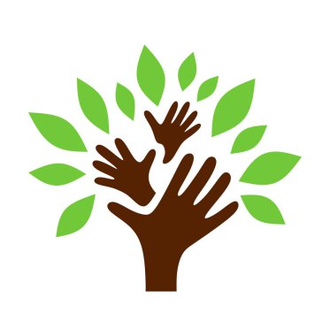 El ağacı logosu. Vektör, soyut ağaç silueti çiziyor. Üzerinde üç kahverengi kol ve yeşil yapraklar var. Mutlu aile sembolü simgesi..