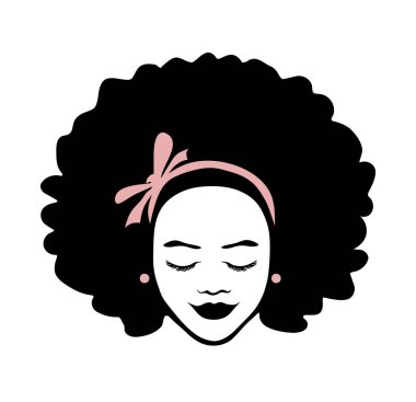 Siyah Afro-Amerikalı kadın güzel bayan yüz vektör silueti çiziyor kıvırcık saçlı ve pembe kurdele yayı beyaz arka planda. Logo.