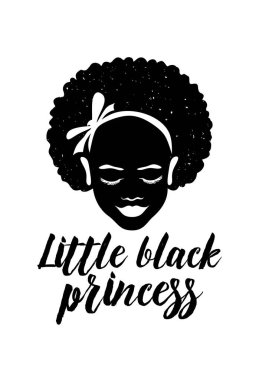 Siyah Afrikalı tatlı afro kız yüzü vektör grunge gruette kıvırcık saçlar, kurdele kaskı. Küçük siyah prenses harfi. Tişört izi tasarımı. Kupa çizimi..