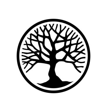 Siyah, yuvarlak ağaç silueti çizimi. Yaşam Ağacı. Aile ağacı logosu simgesi. Tişört izi tasarımı.. 
