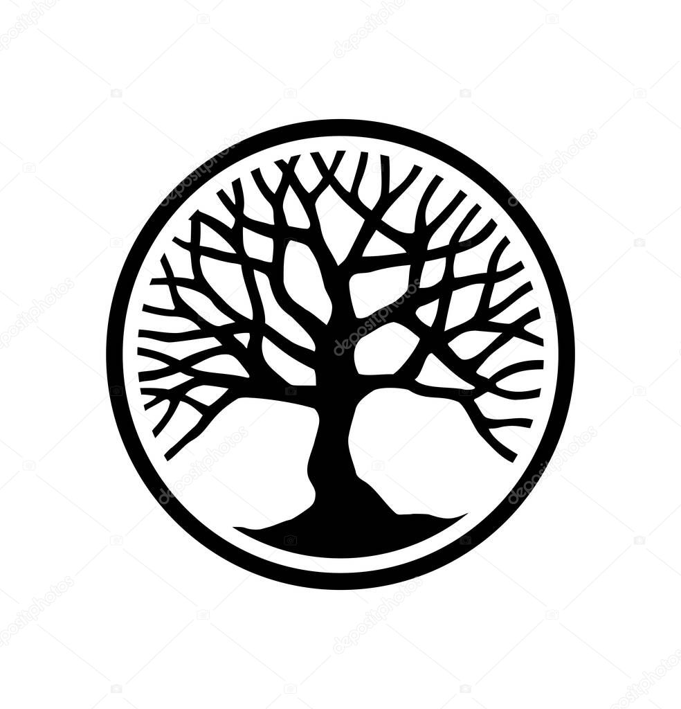 Vector black round tree silhouette outline drawing illustration in circle.Tree of Life.Family tree logo icon sign .T shirt print design.