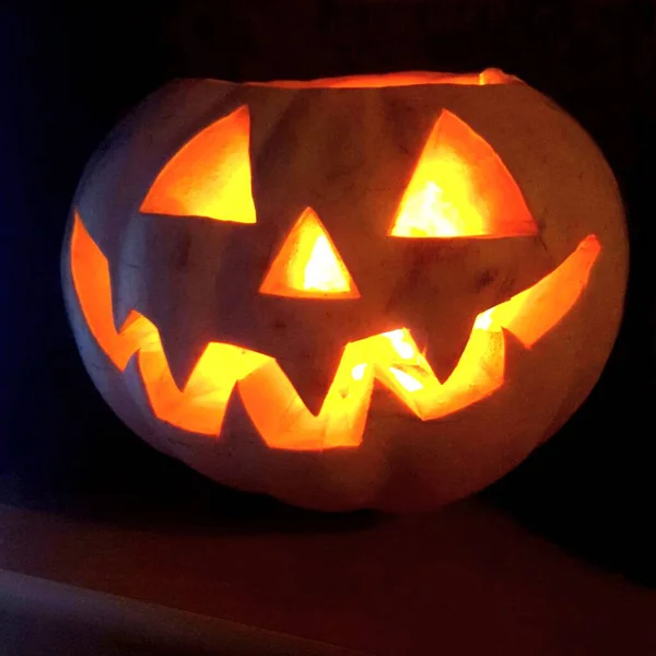Jack Lantern Halloween Tök Vidám Mosolygós Fej Fotó Háttere Tapéta — Stock Fotó