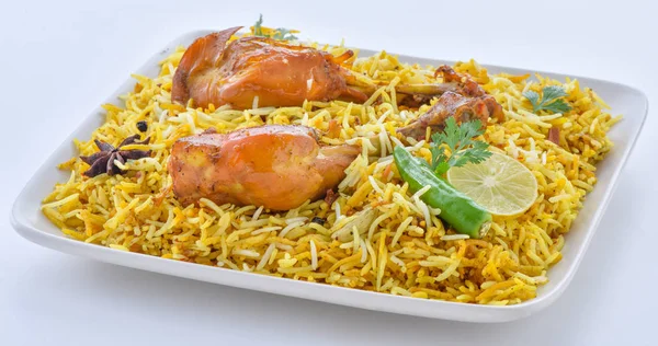 Biryani Platter Een Kant Klare Verse Kip Hete Kip Biryani — Stockfoto