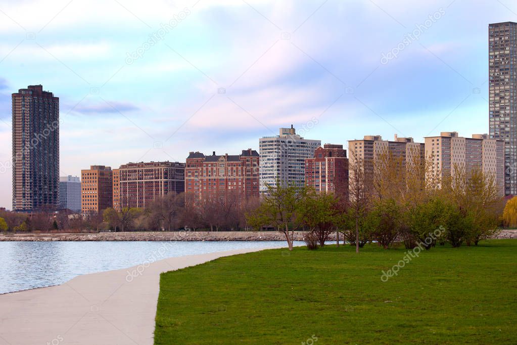 Residential buildings at Montrose, Montrose Harbor, Lincoln Park, Chicago, Illinois, USA