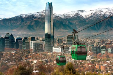 Cable car in San Cristobal hill, overlooking a panoramic view of Santiago de Chile   clipart