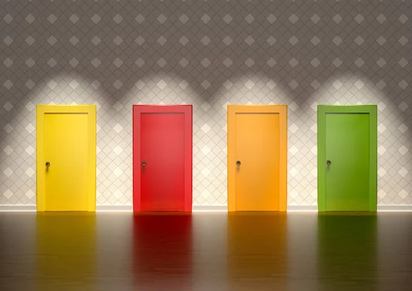 Darstellung Farbiger Türen Einem Raum Der Das Konzept Der Wahl — Stockfoto
