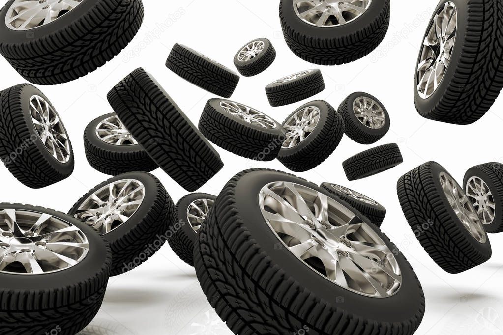 A large group of tires against a white background