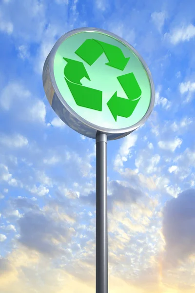 3D rendering of a recycle sign against the sky