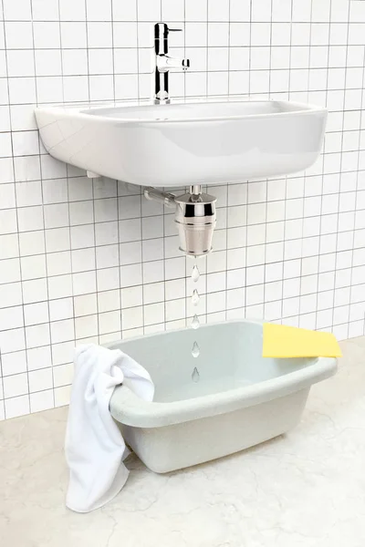 3D rendering of a broken sink with a water leak