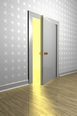 bir yarı açık kapıdan çıkan güçlü bir ışık 3D render
