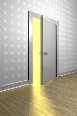 3D rendering of a strong light coming out through a semi open door clipart