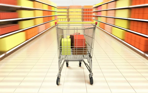 3D rendering of a shopping cart inside a supermarket.