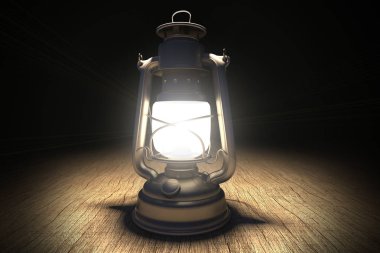 Gece ahşap bir masada bir kamp fener 3d render