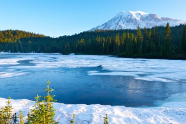 Dondurulmuş yansıma göl ve Mount Rainier, gündoğumu, Mount Rainier Milli Parkı, Washington State, ABD