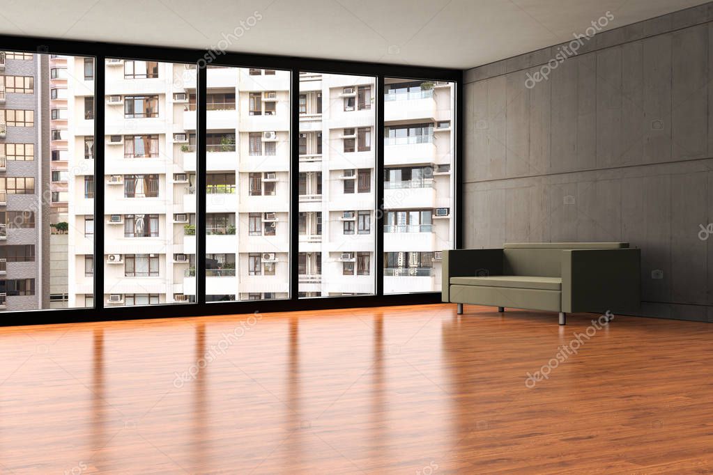 3D rendering of an empty apartment with crowded view