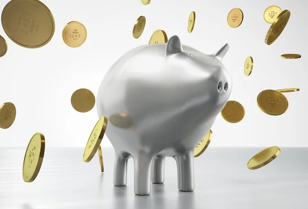 3D rendering of gold coins falling on piggy bank