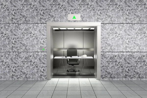 3D rendering of a conceptual image representing proffessional sucess with an office inside an elevator going up