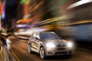 Büyük bir şehirde gece hızlı hareket eden bir Suv 3d render