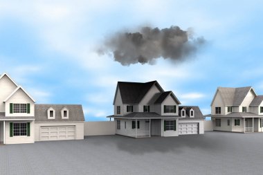 Ev üzerinde kara bulutlar ile kötü şans kavramsal bir temsil3d render