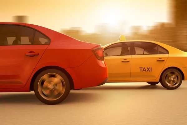 通常のタクシーとアプリベースのサービス間のレースの概念的なイメージの3Dレンダリング — ストック写真