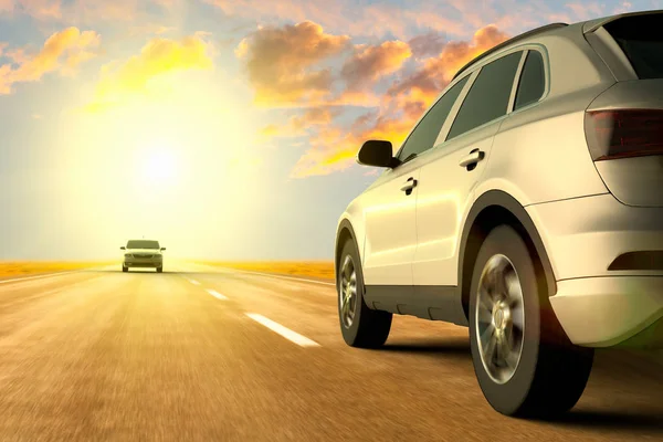 道路上の動き上の車の低角度ビューの3Dレンダリング — ストック写真