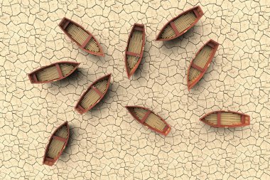 3D rendering of a conceptual representation of a drought with an aerial view of boats on a dry lake clipart