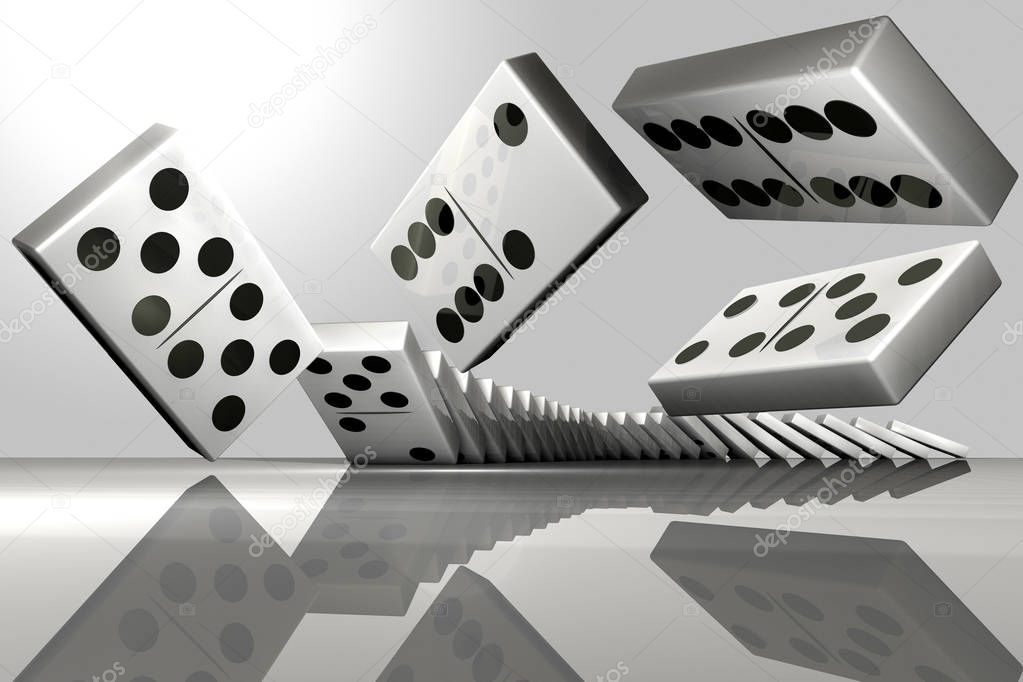 3D rendering of a row of falling dominoes