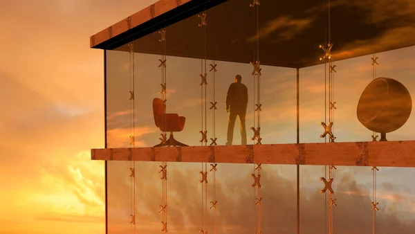 Renderowanie Nowoczesnego Budynku Szkła Człowiekiem Patrząc Zachód Słońca — Zdjęcie stockowe