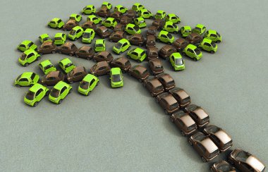 3D rendering of eco city cars parked forming the shape of a tree clipart
