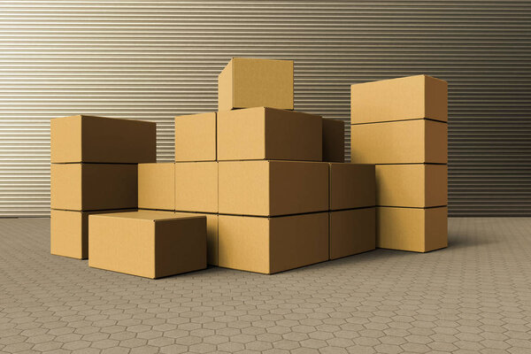 3D rendering of a stack of cardboard boxes outside a warehouse