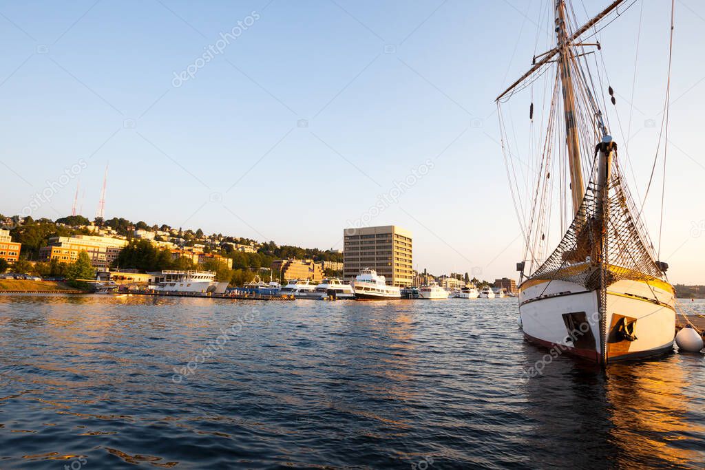 Ship at the dock of Lake Union Park, Cascade district, Seattle, Washington State, United States